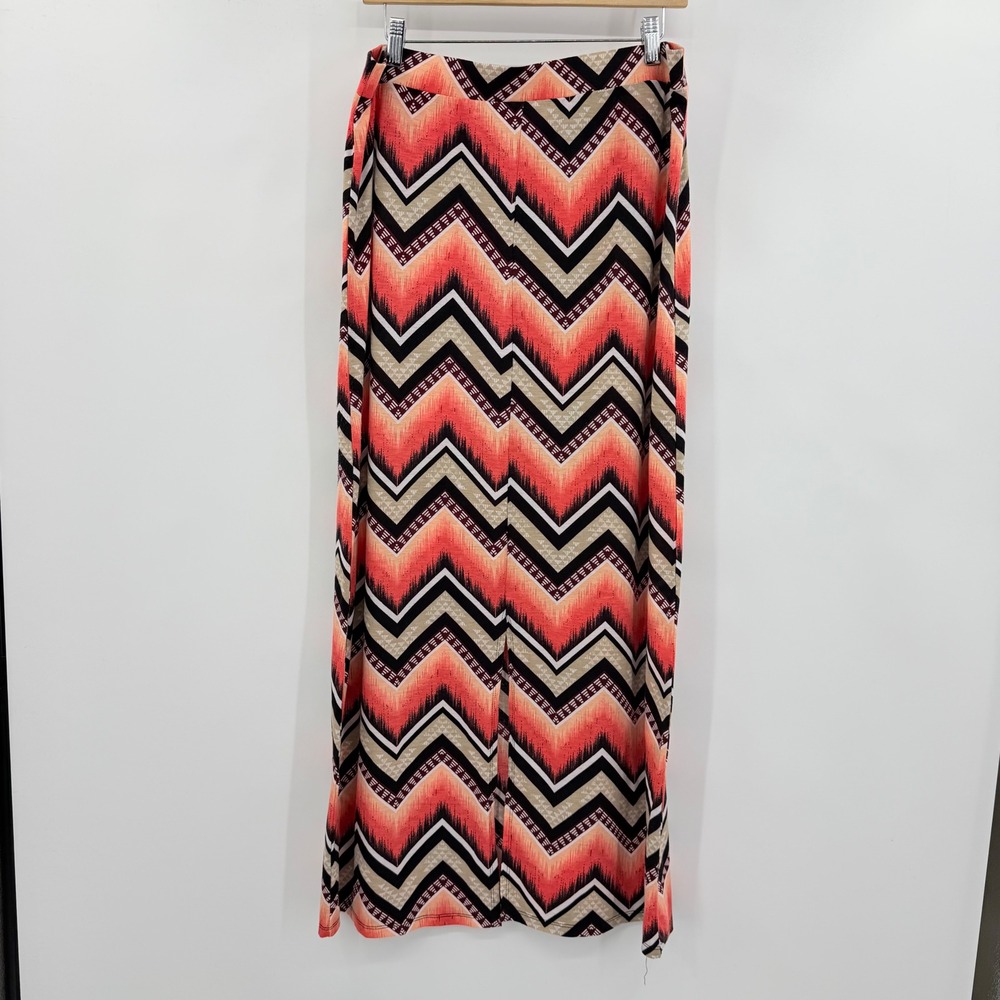 B&B Boutique Maxi Skirt Womens XL Orange Black Chevron Tribal Print Front Slit